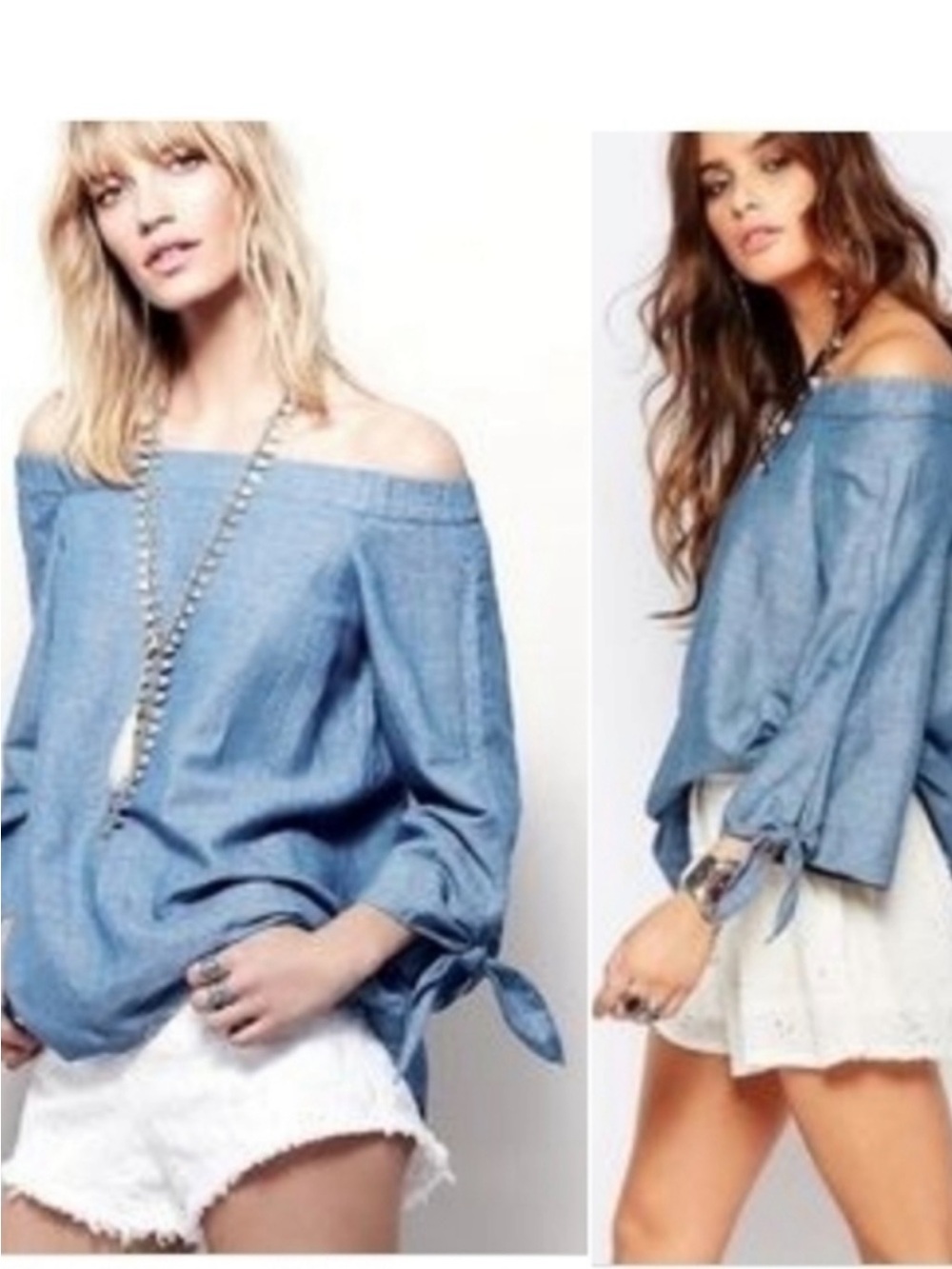 Free People Off-Shoulder Chambray Tie-Sleeve Top - Light Blue